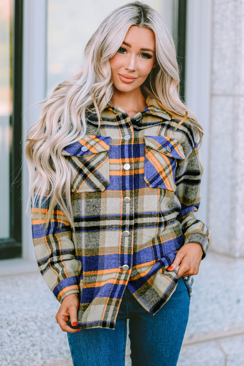 Brown Plaid Button Up Long Sleeve Flannel Jacket