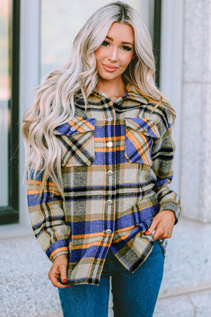 Brown Plaid Button Up Long Sleeve Flannel Jacket
