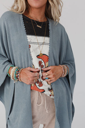 Black Textured Lace Trim Open Front Kimono Cardigan