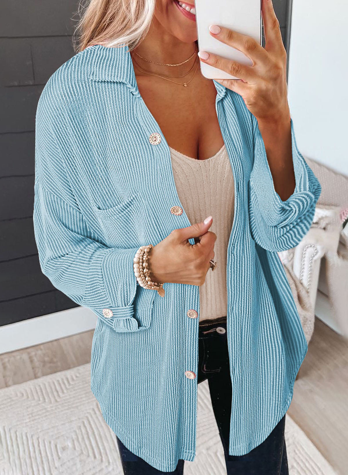 Pink Solid Color Textured Roll Tab Sleeve Shirt Shacket