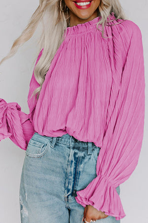 Black Crinkle Frilled Neck Pleated Long Sleeve Blouse
