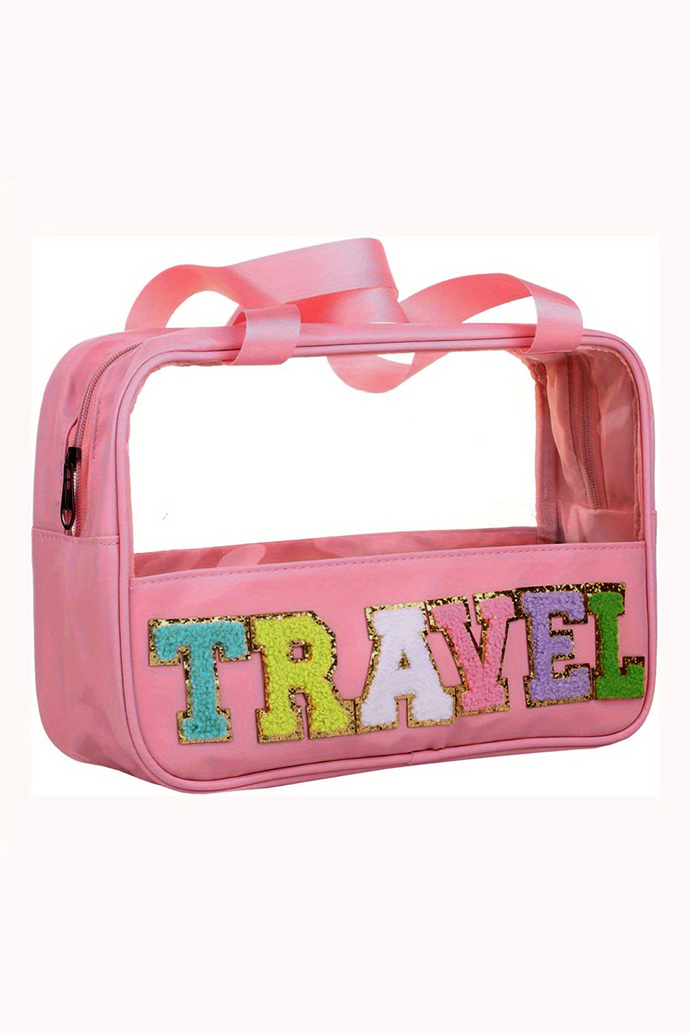 Light Pink TRAVEL Chenille Letter Clear PVC Makeup Bag