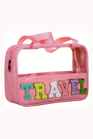 Light Pink TRAVEL Chenille Letter Clear PVC Makeup Bag
