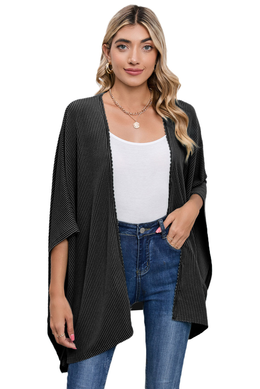 Black Textured Lace Trim Open Front Kimono Cardigan