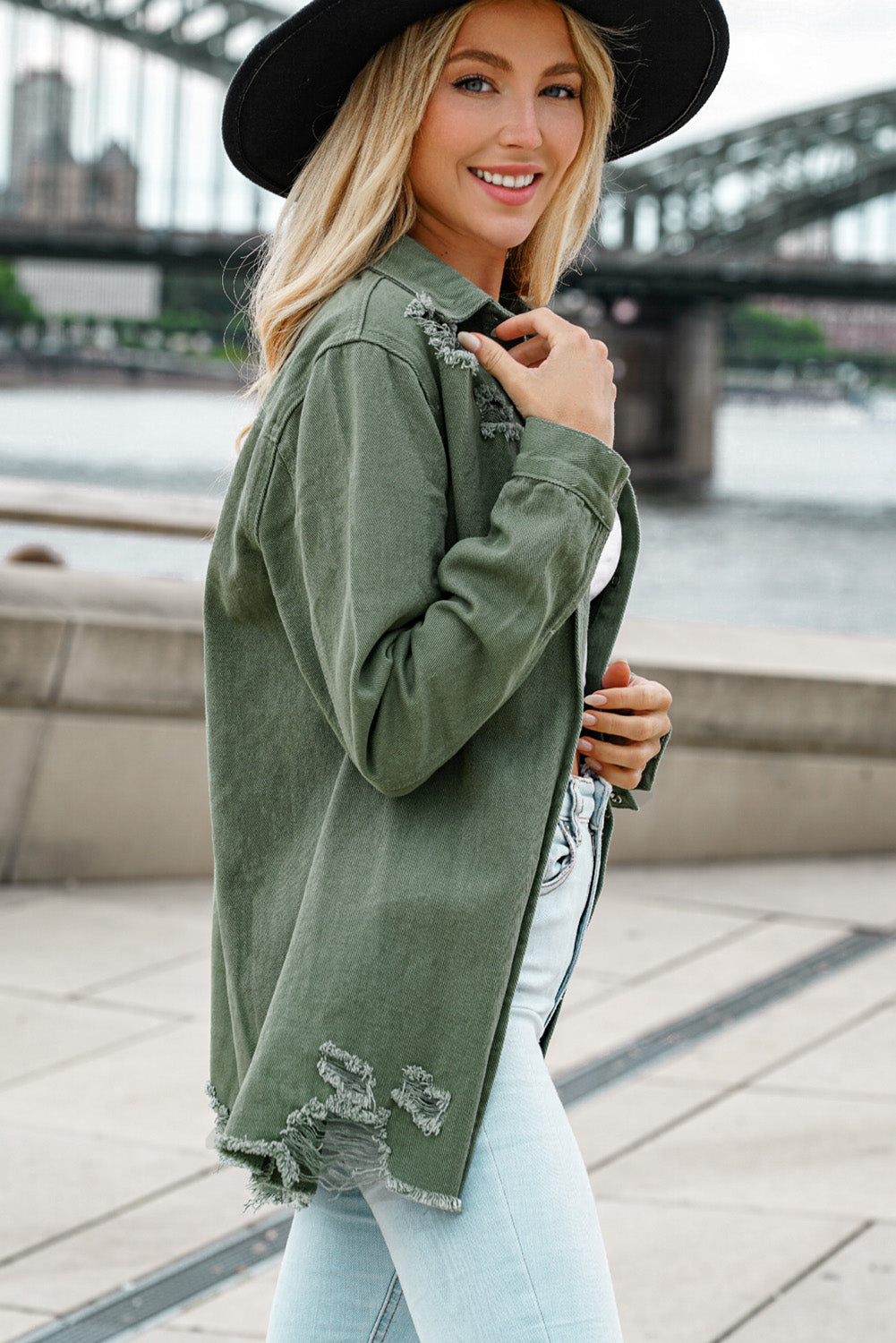 Green Casual Ripped Raw Hem Button Up Denim Shacket
