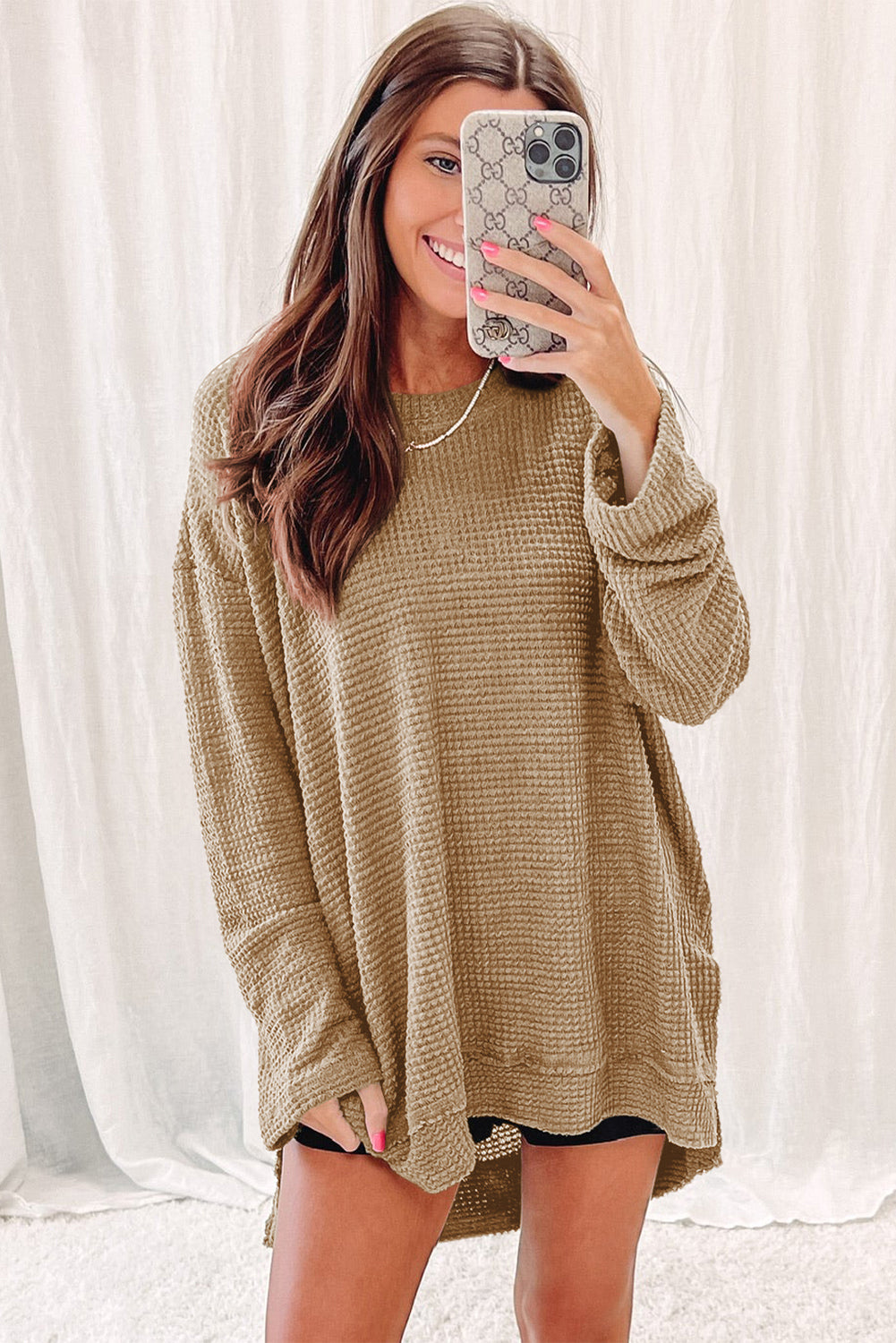 Black Plain Waffle Knit Drop Sleeve Side Slits Oversized Top
