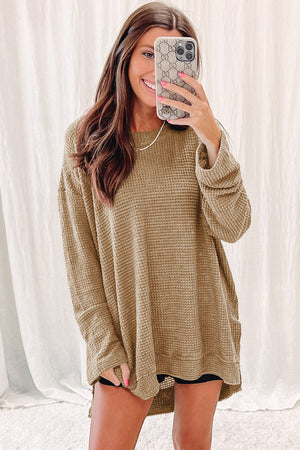 Black Plain Waffle Knit Drop Sleeve Side Slits Oversized Top