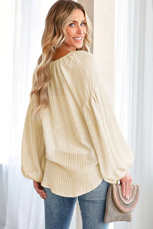 Brown Lantern Sleeve Tassel Drawstring Tie Blouse