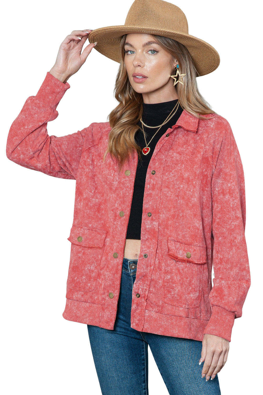 Dark Blue Snap Button Casual Flap Pockets Jacket