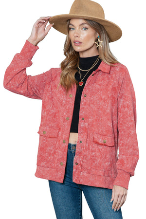 Dark Blue Snap Button Casual Flap Pockets Jacket