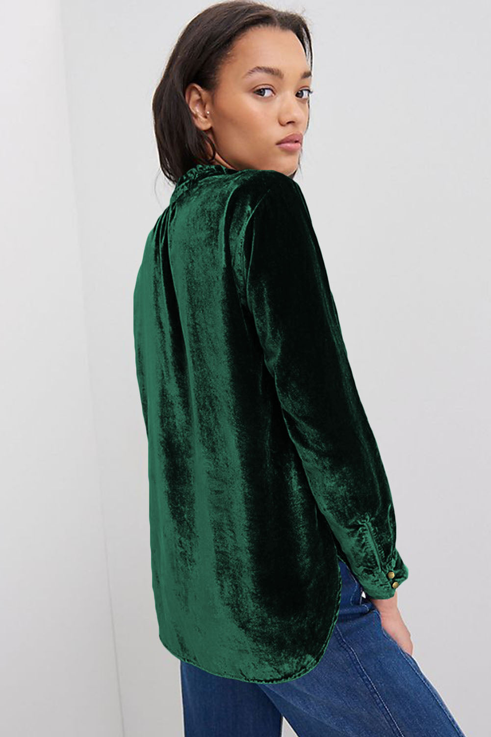 Black Frilled Neck Buttoned Front Velvet Top