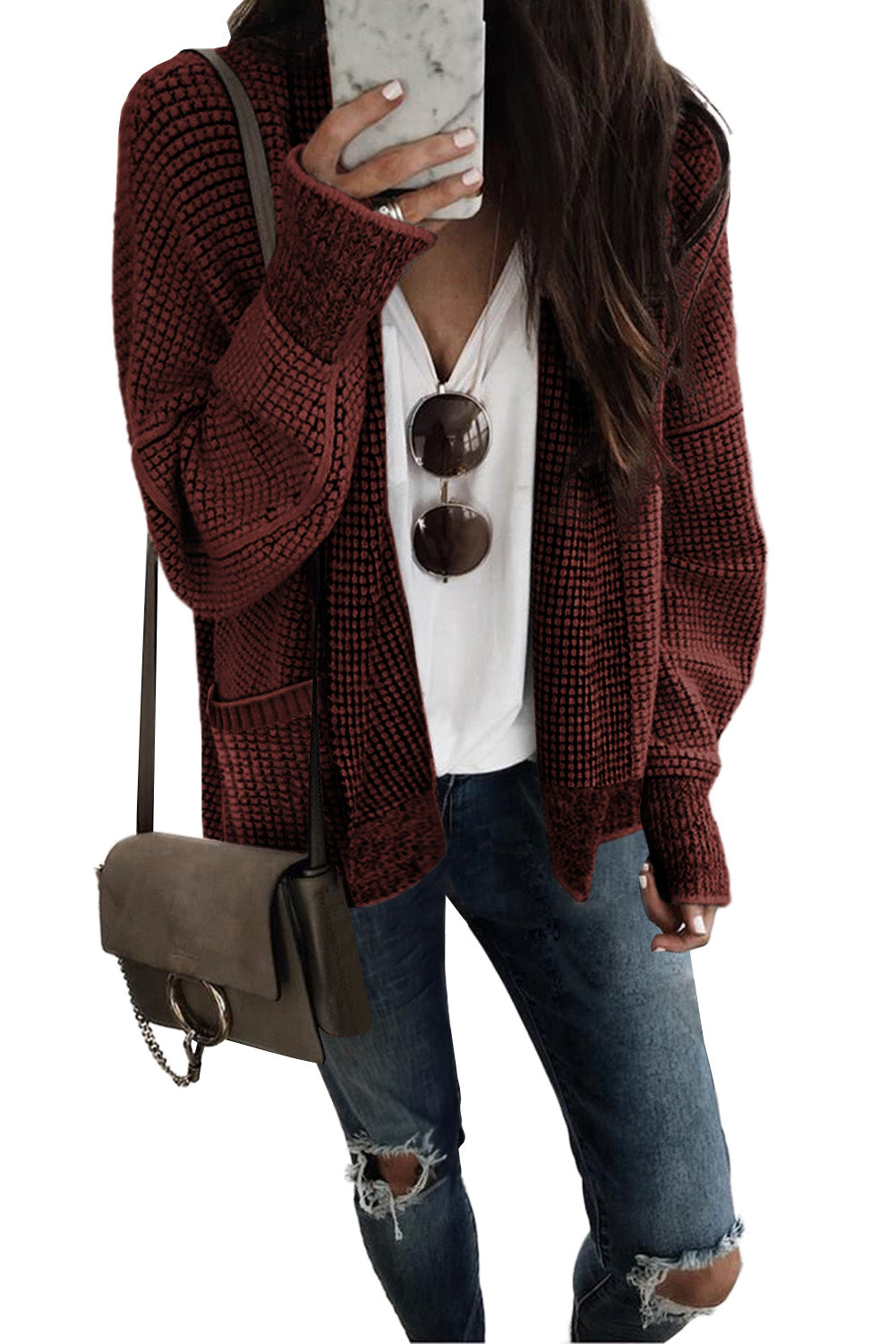 Gray Chunky Knit Pockets Drop Sleeve Cardigan