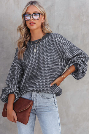 Green Heathered Knit Drop Shoulder Lantern Sleeve Sweater
