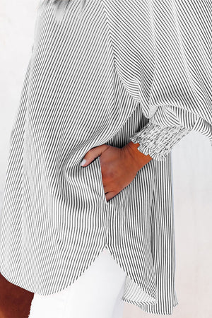 Black Striped Casual Shirred Cuffs Shirt