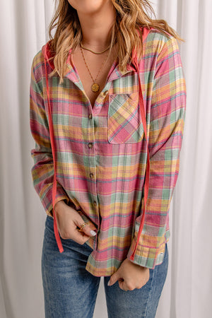 Black Plaid Drawstring Hooded Shacket
