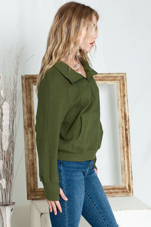 Green Zip Up Stand Collar Ribbed Thumbhole Sleeve Sweatshirt