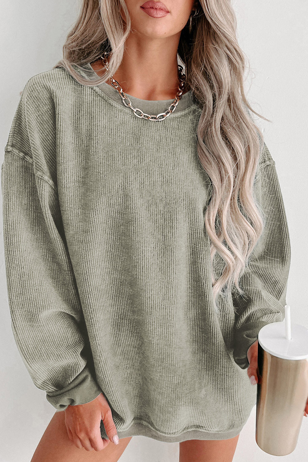 Plain Gray Solid Ribbed Knit Round Neck Pullover Sweatshirt