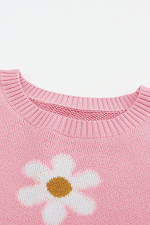 Black Floral Pattern Drop Shoulder Knit Sweater