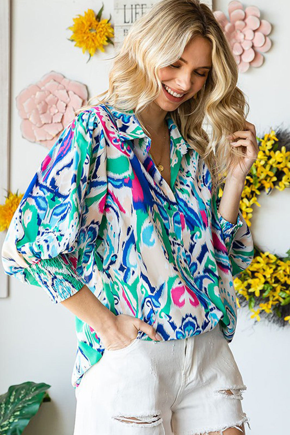 Sky Blue Paisley Print Lantern Sleeve Shirred Cuffs Blouse