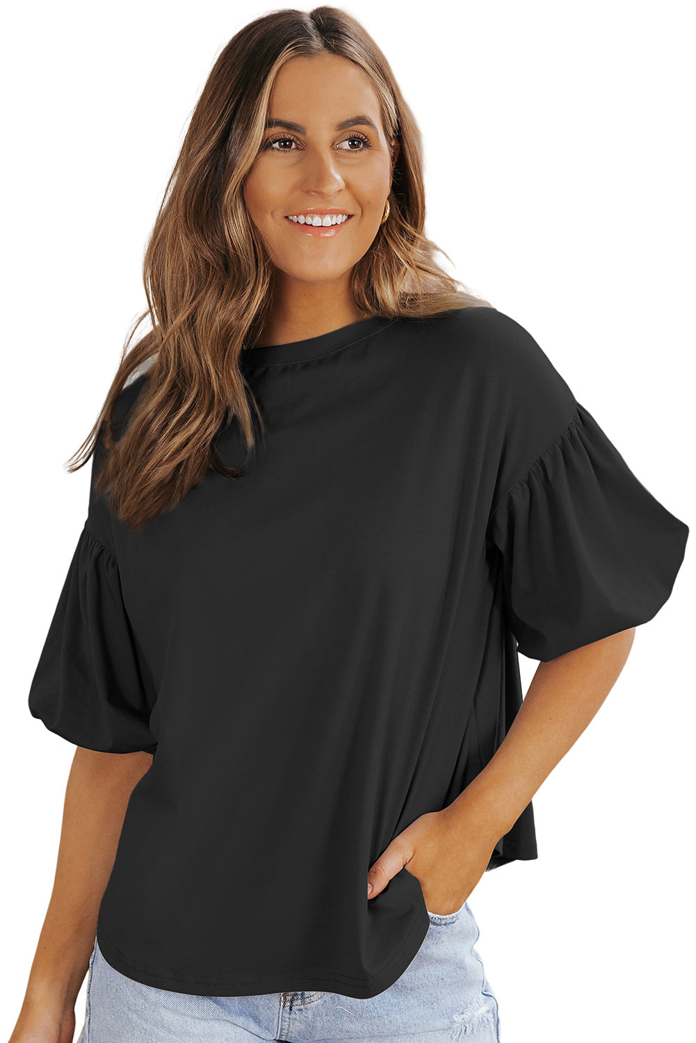 White Solid Color Casual Bubble Sleeve Blouse