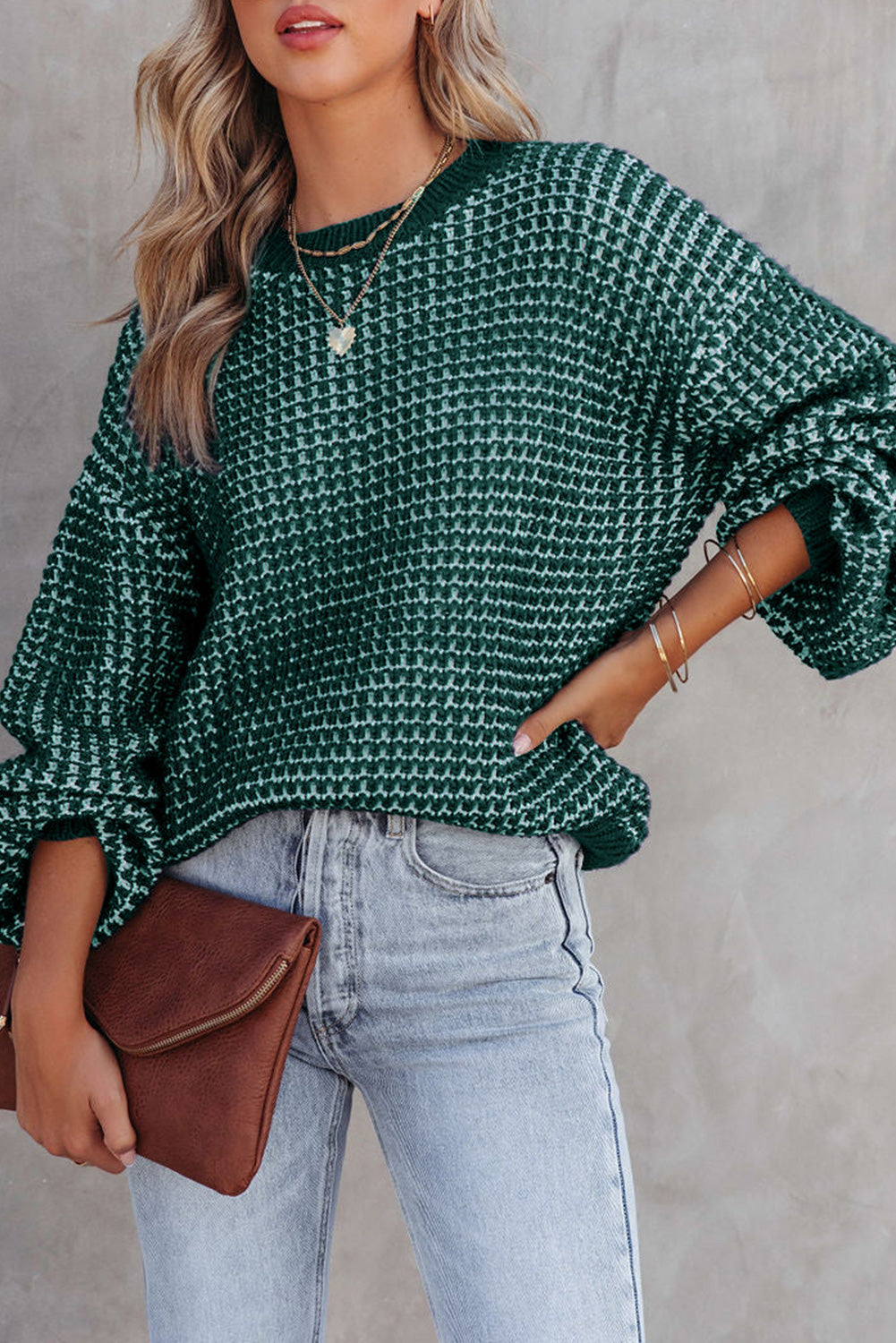 Green Heathered Knit Drop Shoulder Lantern Sleeve Sweater