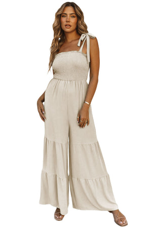 Dark Blue Tie Straps Shirred Casual Tiered Wide Leg Jumpsuit