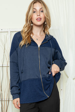 Khaki Dark Washed Patchwork Zip Up Hooded Jacket
