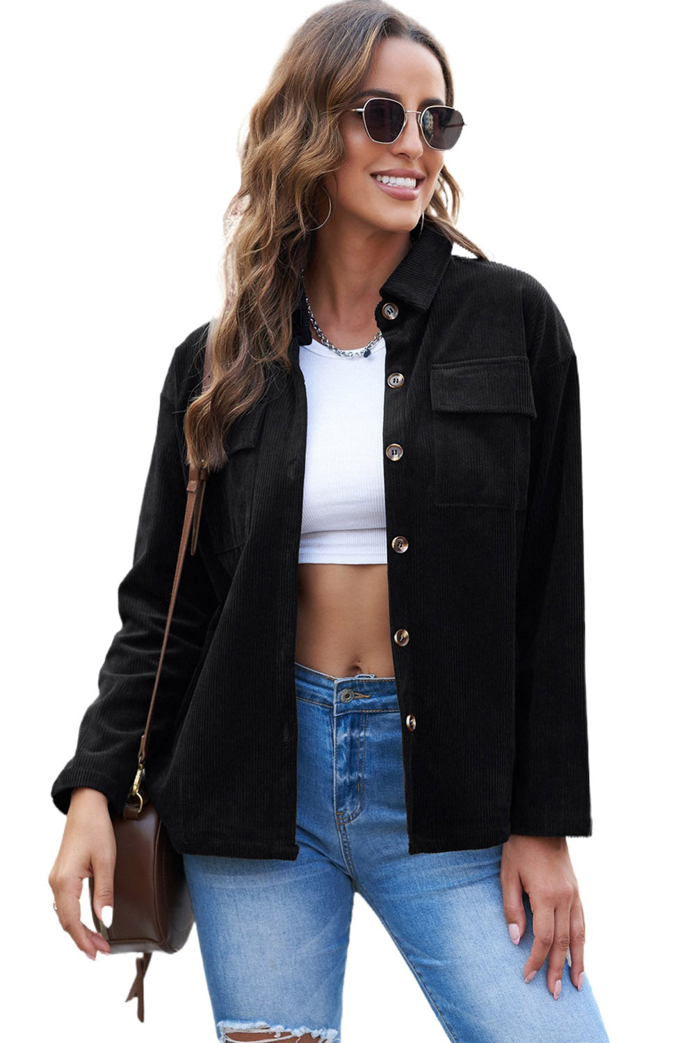 Beige Button Up Patch Pocket Corduroy Shacket