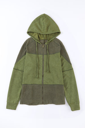Khaki Dark Washed Patchwork Zip Up Hooded Jacket