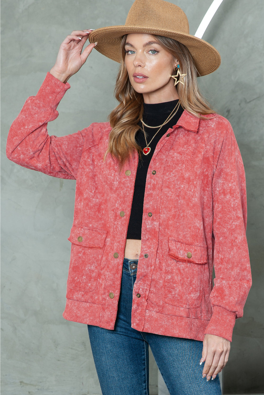 Dark Blue Snap Button Casual Flap Pockets Jacket