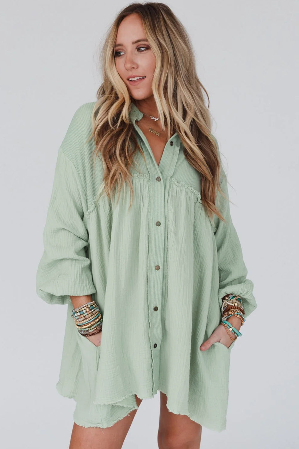 Black Ribbed and Crinkle Patchwork Puff Sleeve Shirt Dress