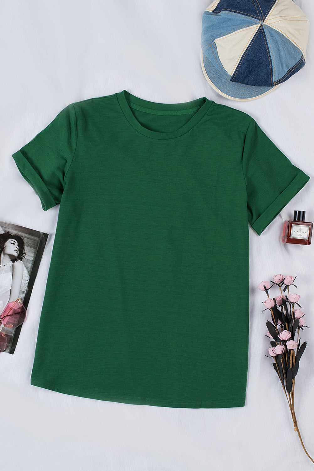 Green Plain Solid Color Crew Neck Tee