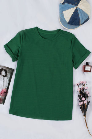 Green Plain Solid Color Crew Neck Tee