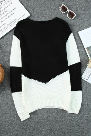 Black & White Colorblock Casual Chevron Pullover Sweater