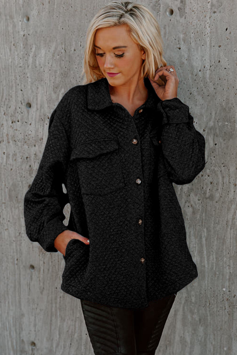 Black Lattice Texture Retro Flap Pocket Button Shacket