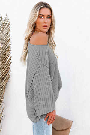 Apricot Solid Color Ribbed Knit 3/4 Sleeve Pullover Sweater