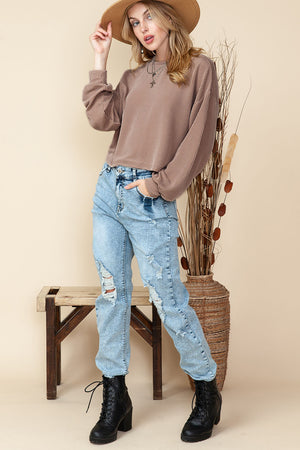 Black Casual Cording Drop Shoulder Puff Sleeve Blouse
