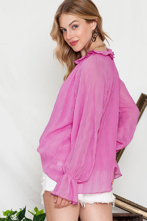 Black Crinkle Frilled Neck Pleated Long Sleeve Blouse