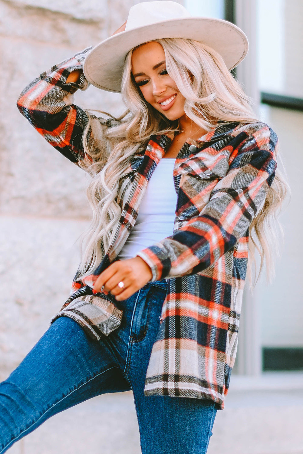 Brown Plaid Button Up Long Sleeve Flannel Jacket