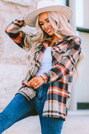 Brown Plaid Button Up Long Sleeve Flannel Jacket