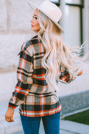 Brown Plaid Button Up Long Sleeve Flannel Jacket