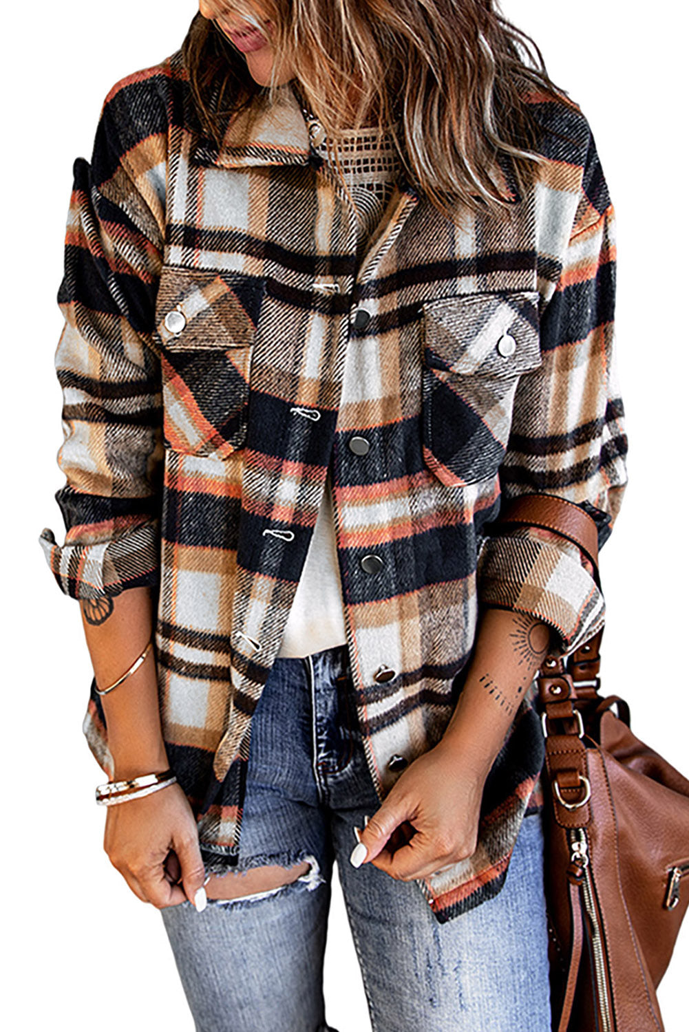 Brown Plaid Button Up Long Sleeve Flannel Jacket