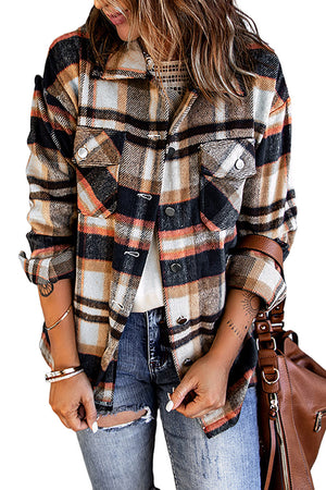 Brown Plaid Button Up Long Sleeve Flannel Jacket