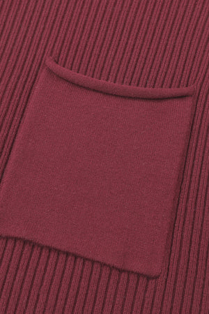 Green Patch Pocket Ribbed Knit Short Sleeve Sweater