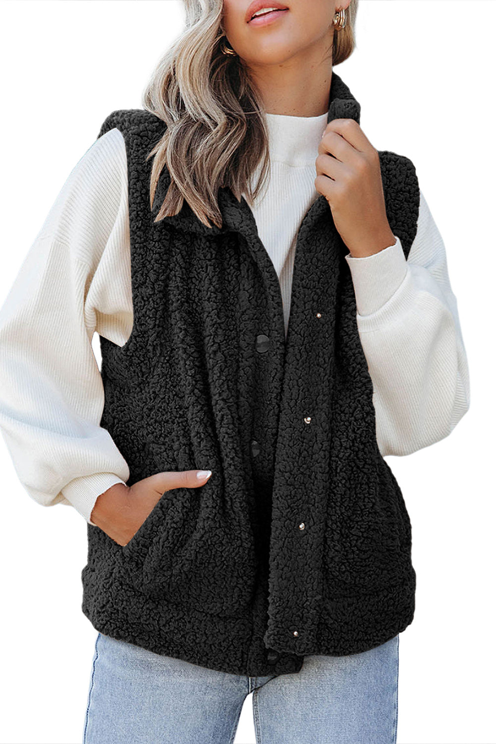 Green Snap Button Collared Stand Neck Sherpa Vest