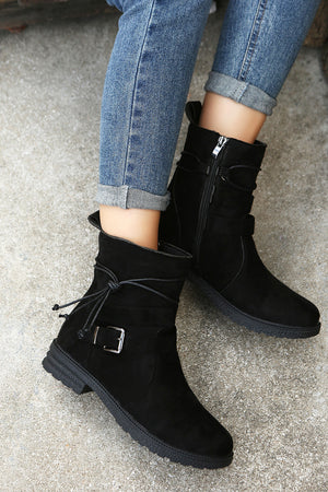 Black Faux Suede Zip Up Buckle Straps Ankle Boots