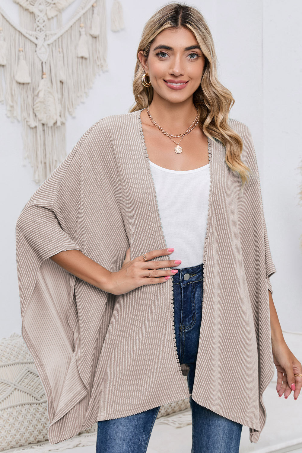 Black Textured Lace Trim Open Front Kimono Cardigan