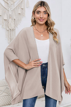 Black Textured Lace Trim Open Front Kimono Cardigan