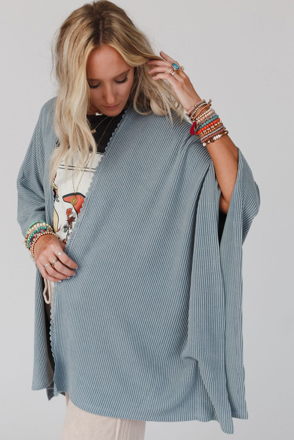 Black Textured Lace Trim Open Front Kimono Cardigan