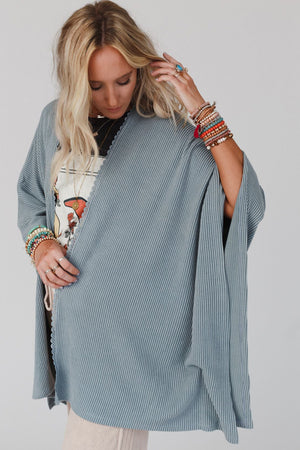 Black Textured Lace Trim Open Front Kimono Cardigan